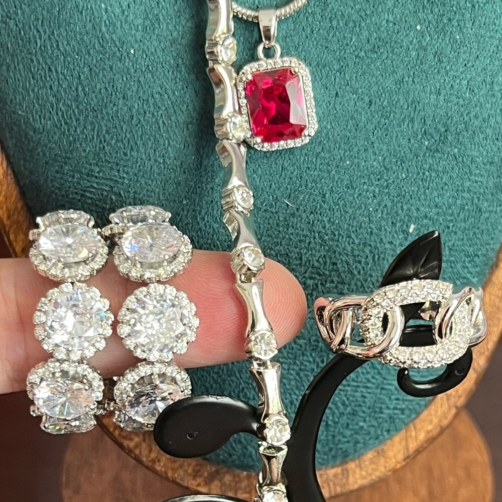 FAB!! Silver Necklace w/Red Gemstone, Bamboo Bracelet, Link Ring, Earrings
